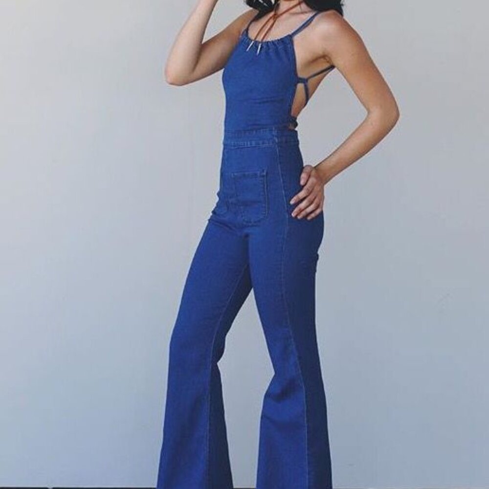 Flared Denim With Tie Back Jumpsuit Blue / M